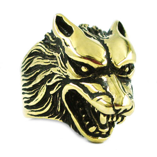 Stainless Steel Gold Wolf Head Ring SWR0333 - Click Image to Close
